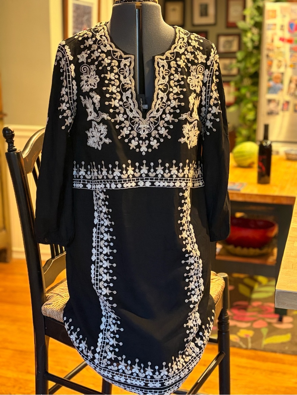 Maeve Black Mini Dress with White Embroidery